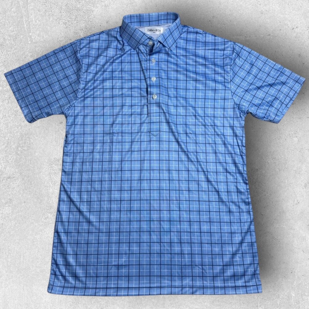 Collars & Co Mens Golf Polo Semi Spread Collar Size S Pienza Blue Windowpane
